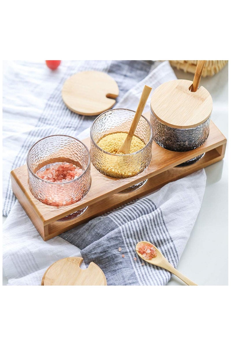 Set of 3 Glass Seasoning Containers with Bamboo Lids & Spoons – 300ml Salt Sugar Spice Jars with Wooden Tray – Kitchen Countertop Condiment Jars for Coffee Bar, Home & Cooking Use.  - Image 2