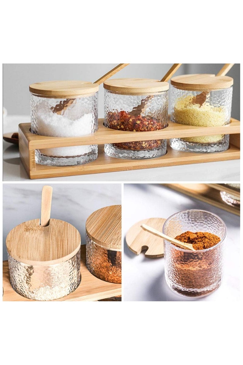 Set of 3 Glass Seasoning Containers with Bamboo Lids & Spoons – 300ml Salt Sugar Spice Jars with Wooden Tray – Kitchen Countertop Condiment Jars for Coffee Bar, Home & Cooking Use.  - Image 5