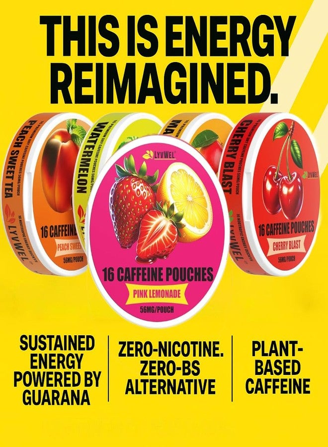 LyvWel 56mg Caffeine Energy Pouches – Pineapple, Pink Lemonade, Peach, Watermelon, Spearmint, Red Gummy – Clean Energy & Focus Boost with Guarana – 6-Pack (96 Total Pouches) - Image 2
