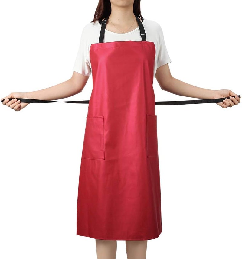 VWELL Store Waterproof Rubber Vinyl Apron for Women - Chemical Resistant Work Cloth with 2 Pockets - Adjustable Bib Butcher Apron - Best for DishWashing, Lab Work, Dog Grooming, Cleaning Fish (Red) - Image 1
