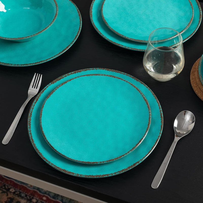 LEHAHA Rustic Melamine Dinnerware Sets 12piece Dishes Plastic Dinnerware Set for 4 Breakresistant Plates and Bowls Set Outdoor Casual  Party Use Kitchen Dishes Set Teal - Image 2