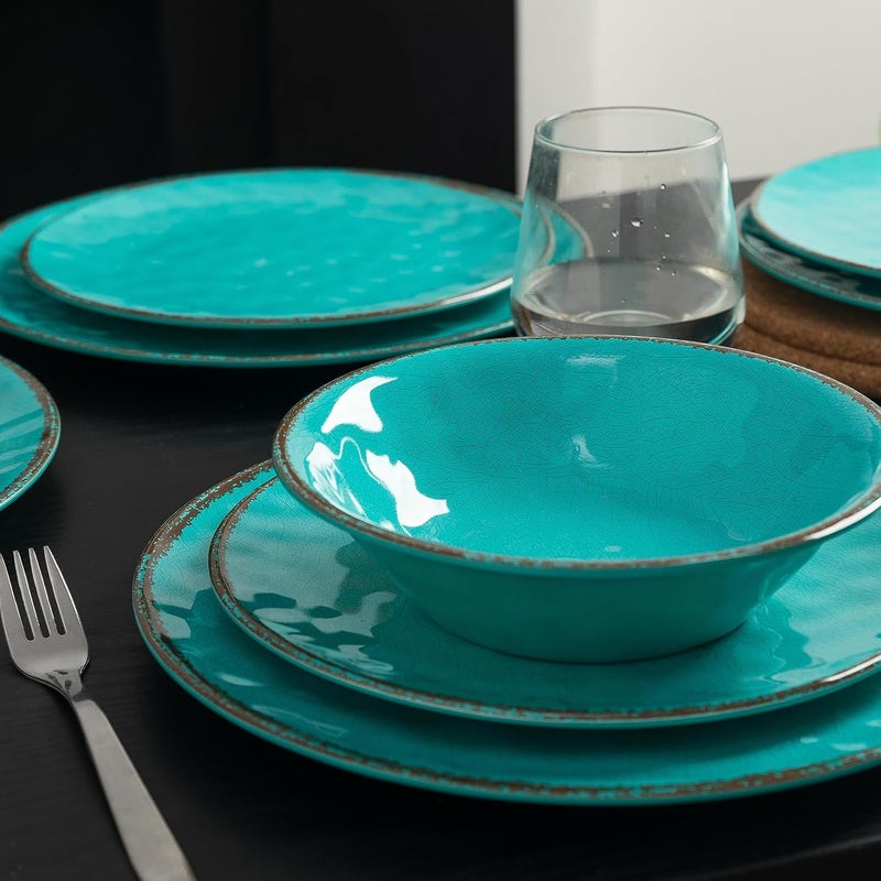 LEHAHA Rustic Melamine Dinnerware Sets 12piece Dishes Plastic Dinnerware Set for 4 Breakresistant Plates and Bowls Set Outdoor Casual  Party Use Kitchen Dishes Set Teal - Image 3