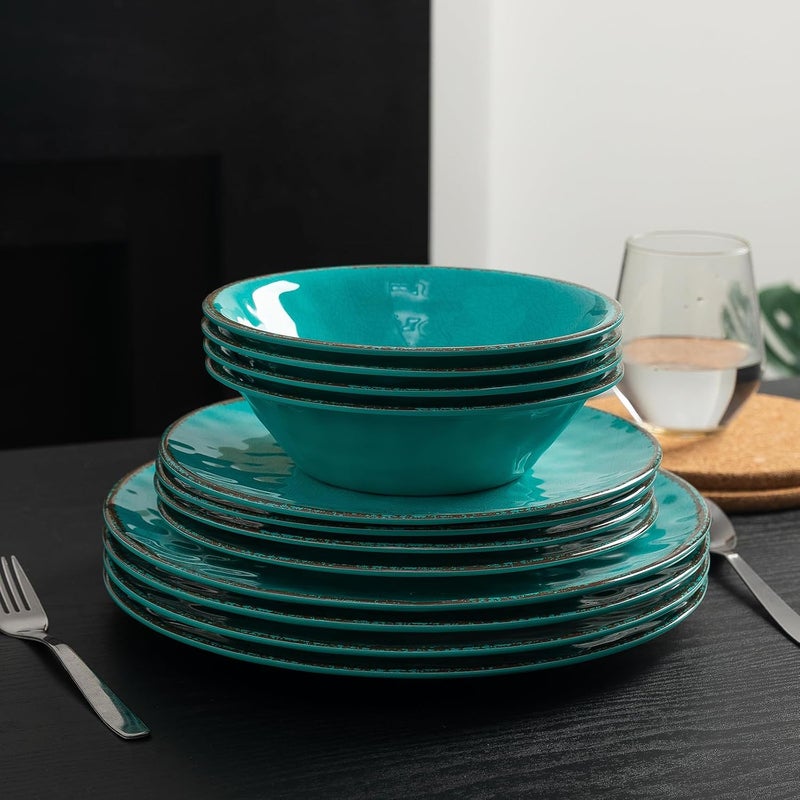 LEHAHA Rustic Melamine Dinnerware Sets 12piece Dishes Plastic Dinnerware Set for 4 Breakresistant Plates and Bowls Set Outdoor Casual  Party Use Kitchen Dishes Set Teal - Image 4