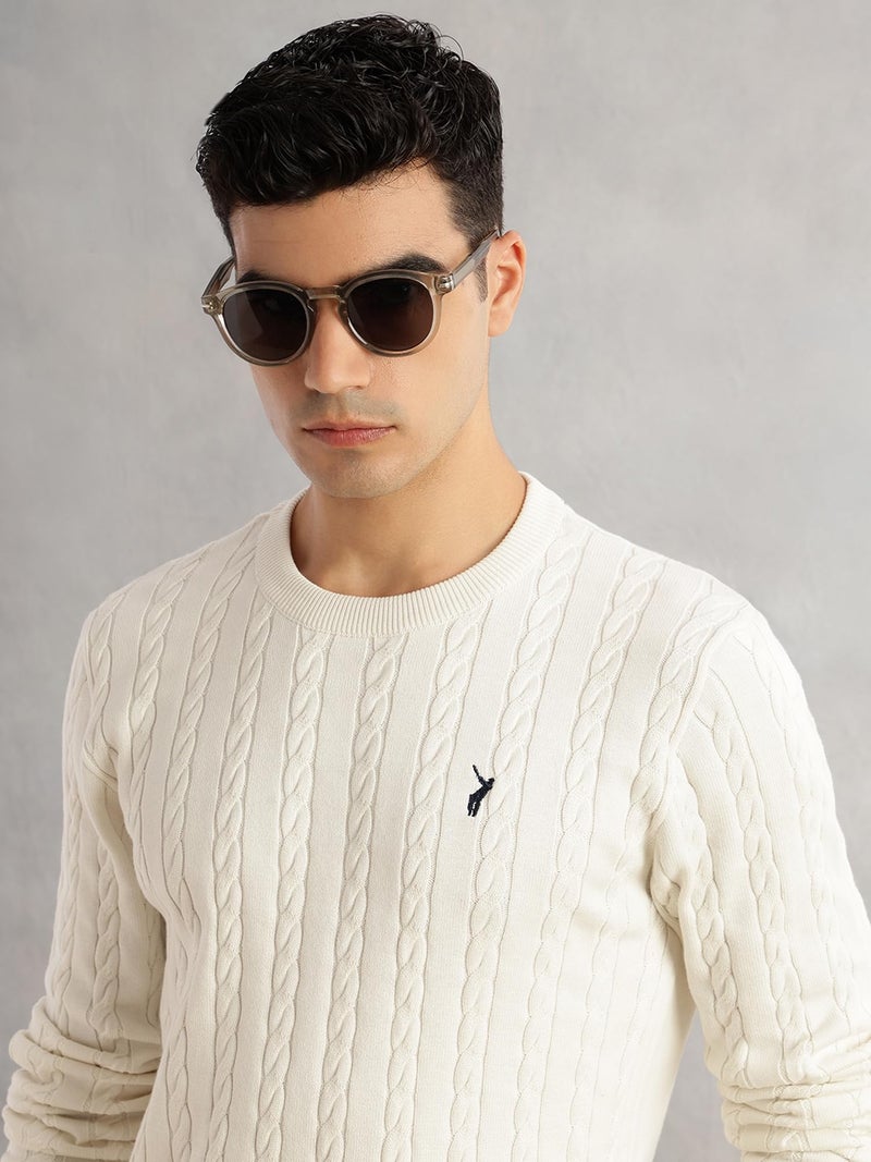 Thomas Scott Men's | Regular Fit | Long Sleeves | Round Neck | Self Design | 100% Cotton | Knitted | Pullover | Sweater (TSFK28_White_2XL) - Image 2