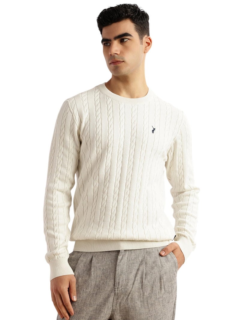 Thomas Scott Men's | Regular Fit | Long Sleeves | Round Neck | Self Design | 100% Cotton | Knitted | Pullover | Sweater (TSFK28_White_2XL) - Image 1