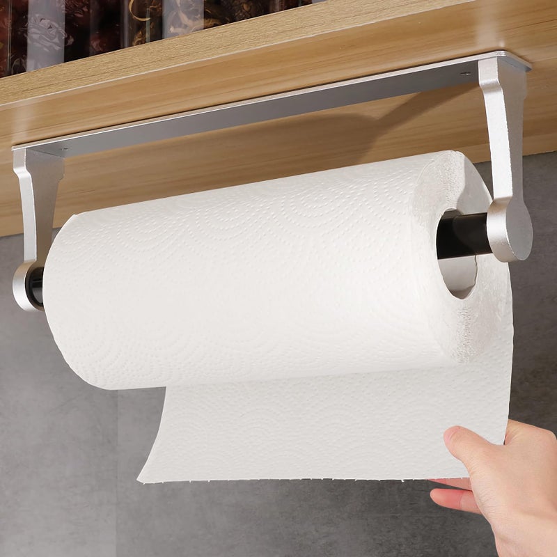 MONEER Paper Towel Holder Under Cabinet, Paper Towel Holder, Aluminum Alloy Kitchen Towel Holders, Self Adhesive Kitchen Roll Holder for Kitchen, Bathroom, Living Room (Silver) - Image 1