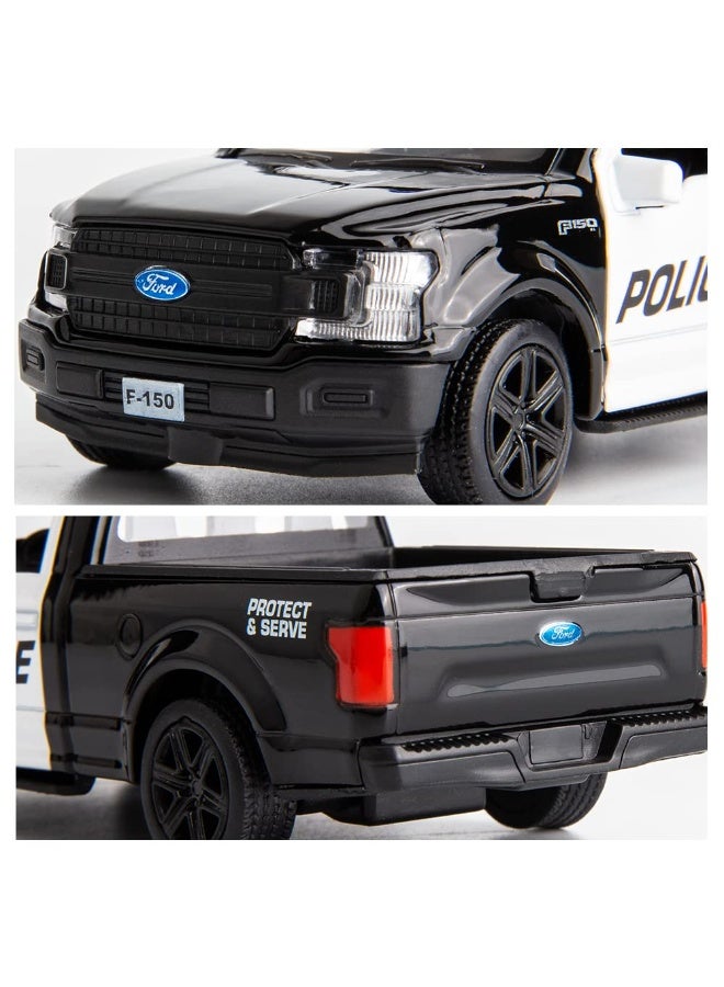 هالامودو 1:36 مقياس متطابق مع موديل سيارة الشرطة فورد F150 -سيارة الأطفال ذات الأبواب المفتوحة، موديل المجموعة التفصيلية المصبوبة، ملحقات تزيين الكعك، هدية مثالية للأولاد (أسود/أبيض، 12*5*4.5 سم) - Image 3
