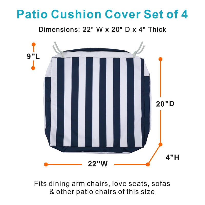 NettyPro Outdoor Cushion Covers Set 4 Water Repellent UV Resistant Patio Chair Seat Cushion Slipcover with Zipper and Tie, 22 x 20 x 4 Inch, Stripes Black and White - Image 5