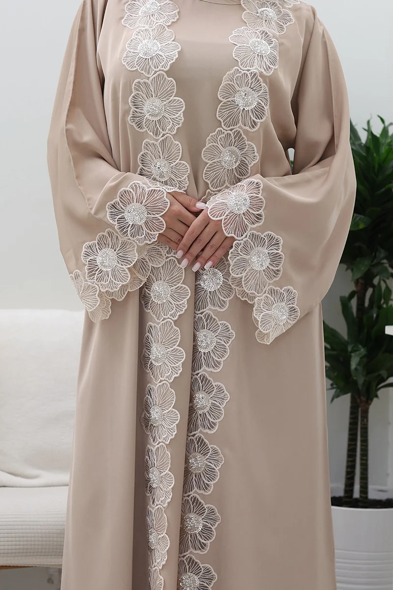 النخبة Beige Blossom Abaya-Comes with matching inner-2P744
