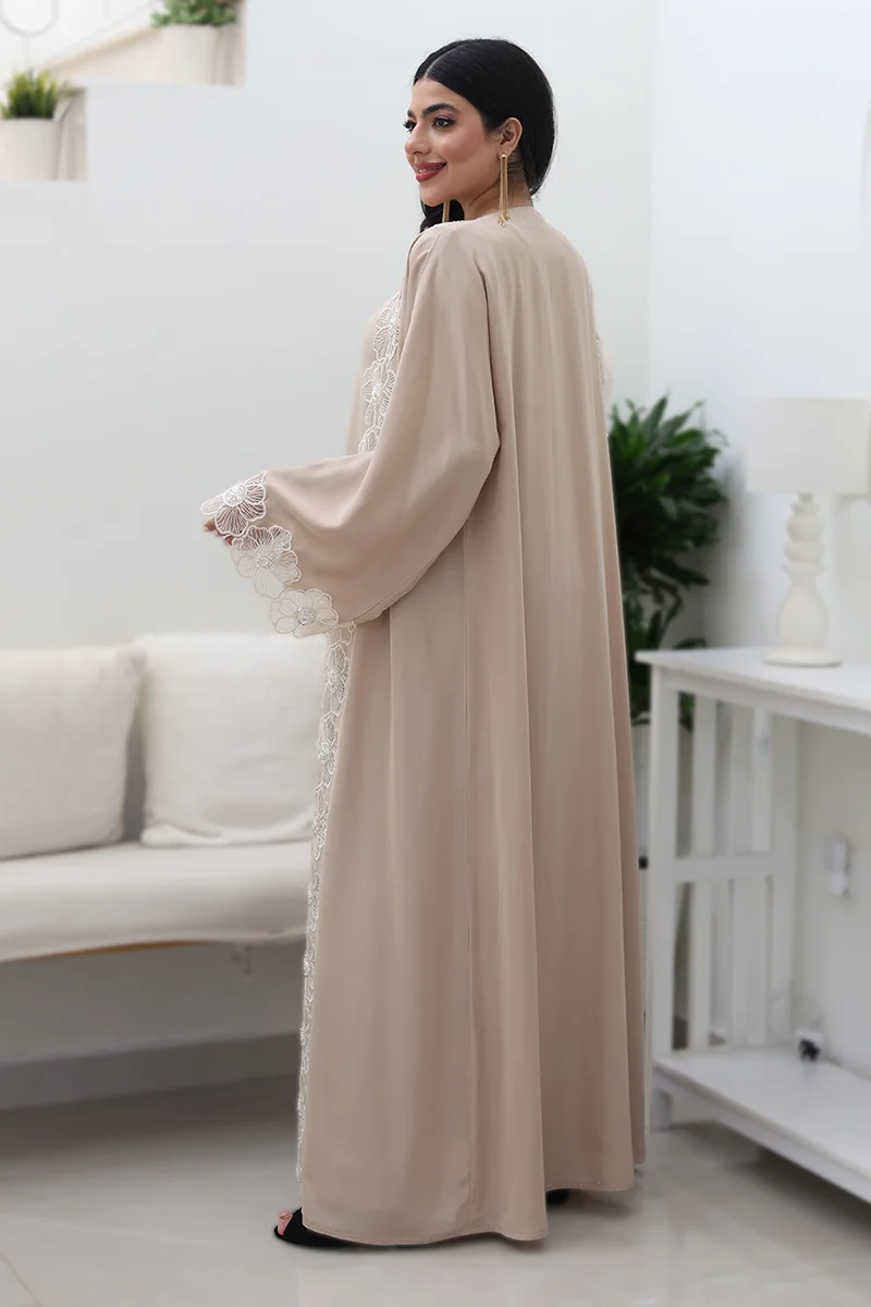 النخبة Beige Blossom Abaya-Comes with matching inner-2P744