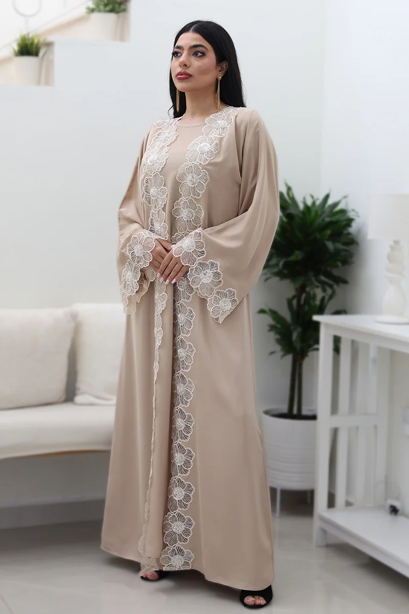 NUKHBAA Beige Blossom Abaya-Comes with matching inner-2P744