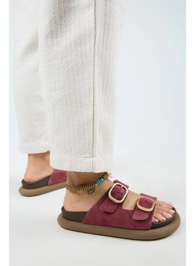 Lavender Women's Genuine Leather Double Buckle Cherry Slippers.