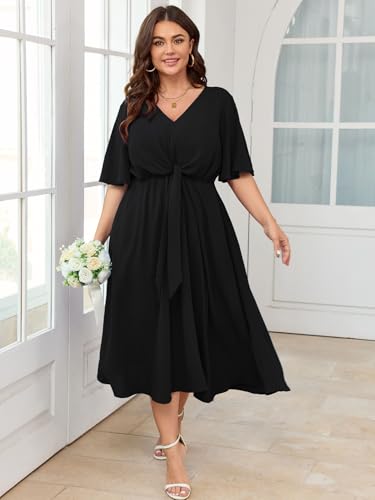 SCOMCHIC Women Plus Size Midi Dresses Wedding Guest Short Sleeve V Neck Tie Waist Casual Summer Flowy A Line Dress Black - Image 3