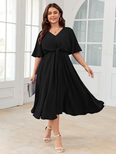SCOMCHIC Women Plus Size Midi Dresses Wedding Guest Short Sleeve V Neck Tie Waist Casual Summer Flowy A Line Dress Black - Image 5
