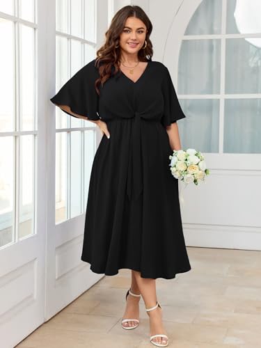 SCOMCHIC Women Plus Size Midi Dresses Wedding Guest Short Sleeve V Neck Tie Waist Casual Summer Flowy A Line Dress Black - Image 2