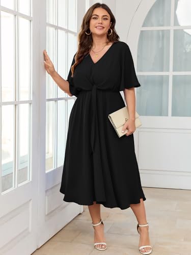 SCOMCHIC Women Plus Size Midi Dresses Wedding Guest Short Sleeve V Neck Tie Waist Casual Summer Flowy A Line Dress Black - Image 4