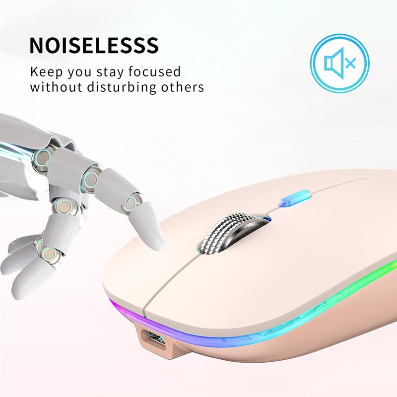 TENMOS Wireless Bluetooth Mouse, LED Slim (Bluetooth 5.1 + USB) 2.4GHz Rechargeable Silent Bluetooth Wireless Mouse with Type C Adapter for Laptop/MacBook/iPad OS 13 and Above - Light Pink - Image 4