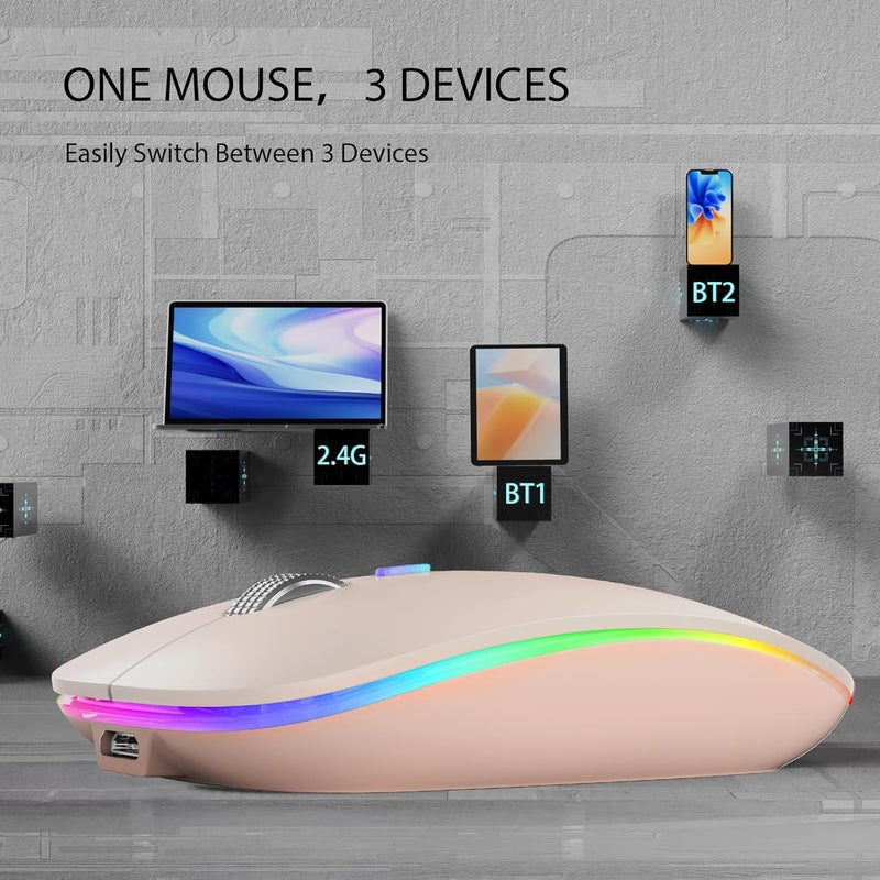 TENMOS Wireless Bluetooth Mouse, LED Slim (Bluetooth 5.1 + USB) 2.4GHz Rechargeable Silent Bluetooth Wireless Mouse with Type C Adapter for Laptop/MacBook/iPad OS 13 and Above - Light Pink - Image 2