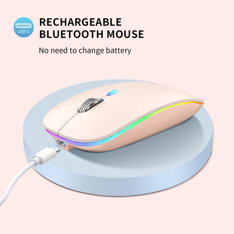 TENMOS Wireless Bluetooth Mouse, LED Slim (Bluetooth 5.1 + USB) 2.4GHz Rechargeable Silent Bluetooth Wireless Mouse with Type C Adapter for Laptop/MacBook/iPad OS 13 and Above - Light Pink - Image 5