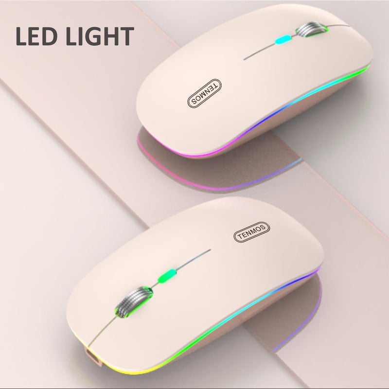 TENMOS Wireless Bluetooth Mouse, LED Slim (Bluetooth 5.1 + USB) 2.4GHz Rechargeable Silent Bluetooth Wireless Mouse with Type C Adapter for Laptop/MacBook/iPad OS 13 and Above - Light Pink - Image 3