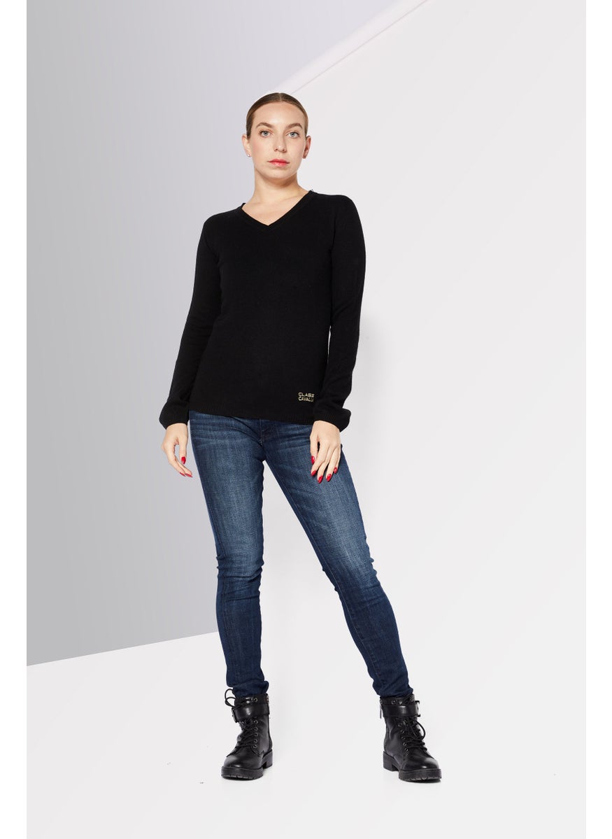 Cavalli Class Women V Neck Long Sleeve Brand Logo Sweater, Black  - Image 2