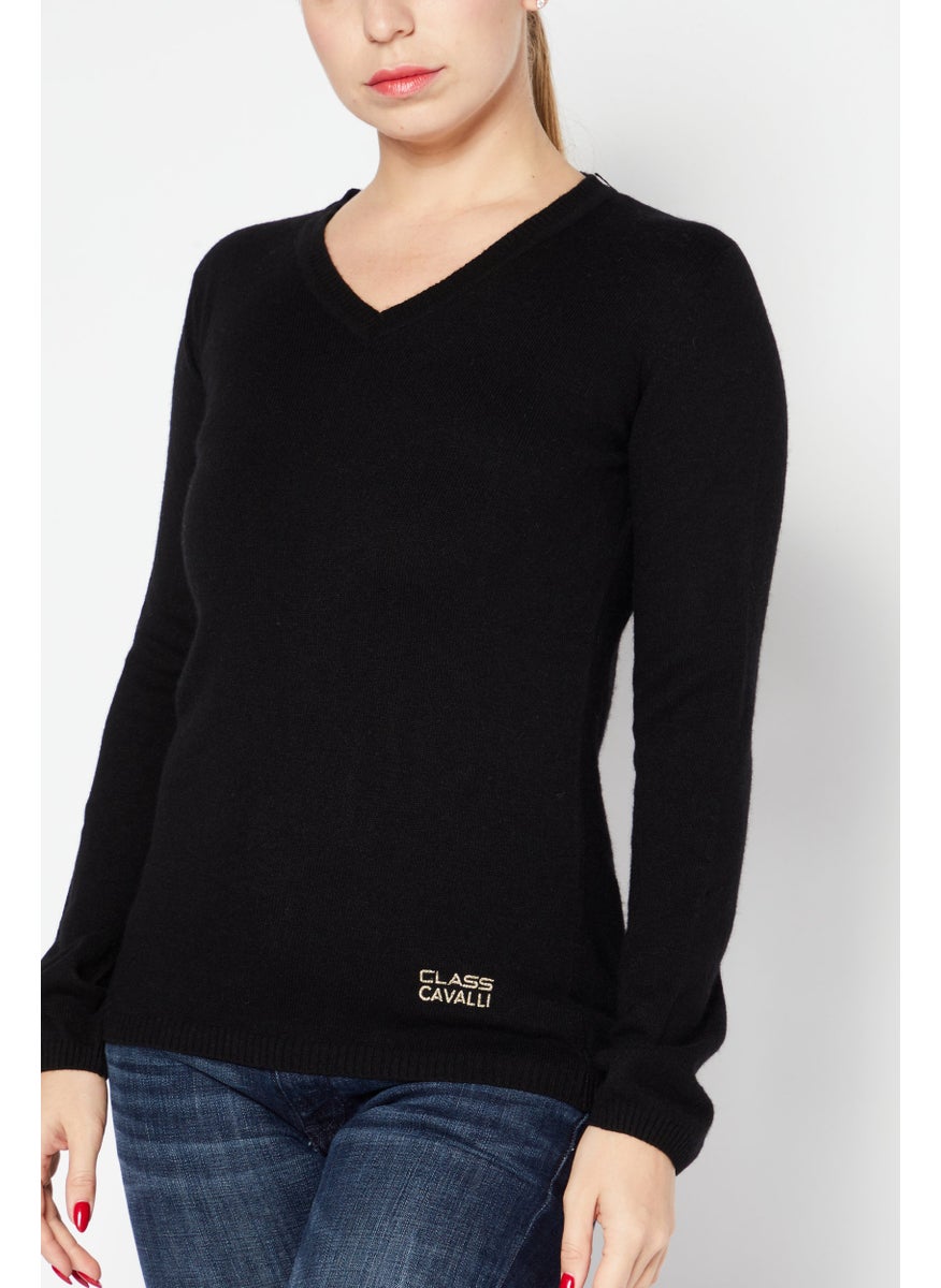 Cavalli Class Women V Neck Long Sleeve Brand Logo Sweater, Black  - Image 3