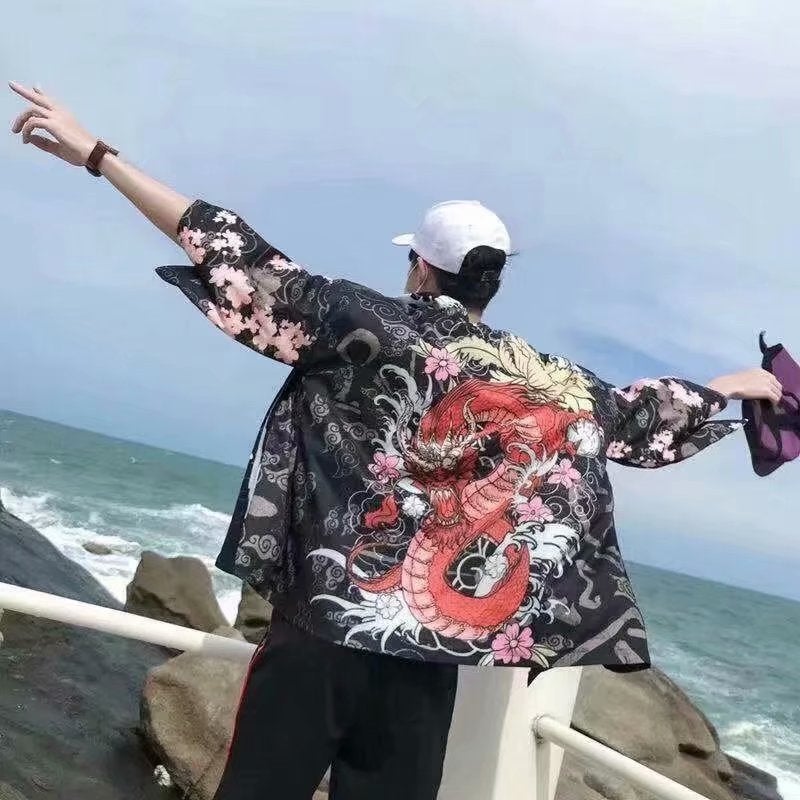 Trendy Korean Summer Mens Open Cardigan with Dragon Print 20 Painted  - Image 5