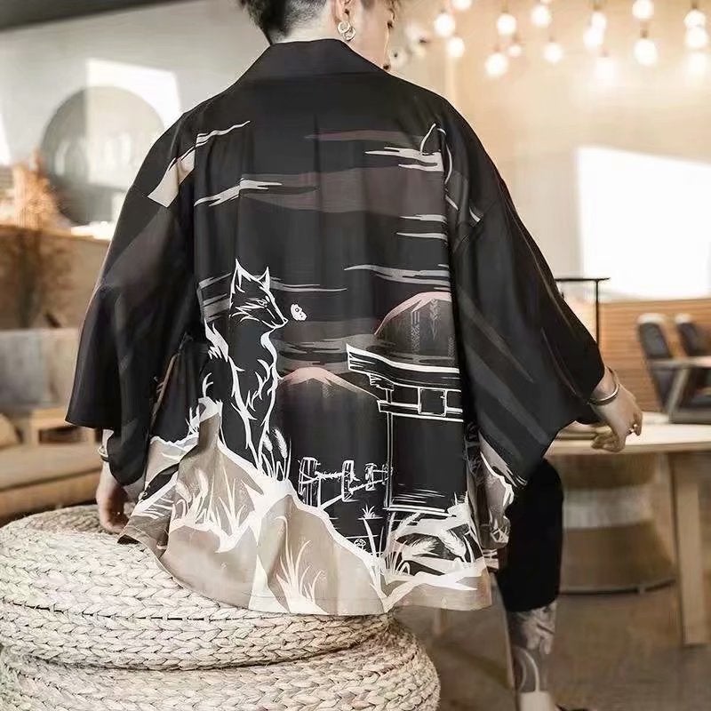 Trendy Korean Summer Mens Open Cardigan with Dragon Print 20 Painted  - Image 1