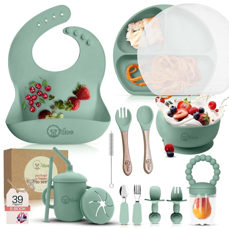 O'doe 17-Piece BPA-Free Silicone Baby Feeding Set | Thick & Soft Suction Plates, Baby Bowls, Wooden Fork & Spoon, and More | Make Mealtime Fun and Easy for Your Little One (Green, V2) - Image 1