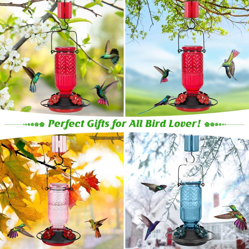 FEED GARDEN Glass Hummingbird Feeder for Outdoors Hanging, 16 OZ Humming Birds Feeders with 4 Bee Guard Feeding Ports & Built-in Ant Moat, Hummingbird Gifts for Mom, Bird Feeder for Outside, Blue - Image 5