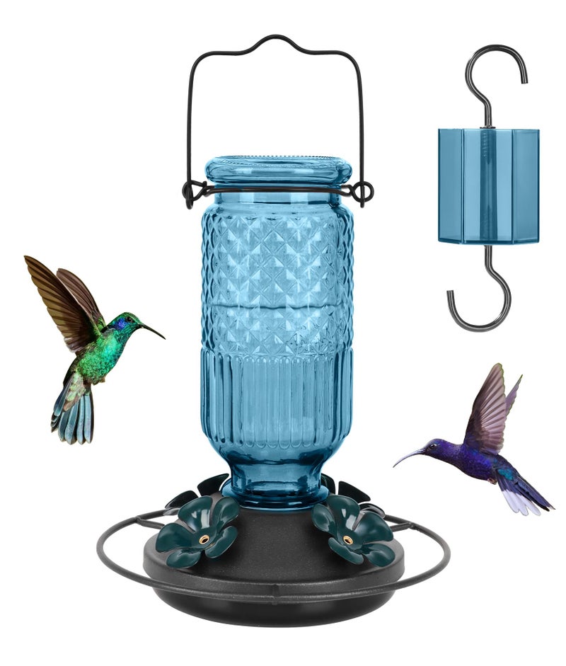 FEED GARDEN Glass Hummingbird Feeder for Outdoors Hanging, 16 OZ Humming Birds Feeders with 4 Bee Guard Feeding Ports & Built-in Ant Moat, Hummingbird Gifts for Mom, Bird Feeder for Outside, Blue - Image 1