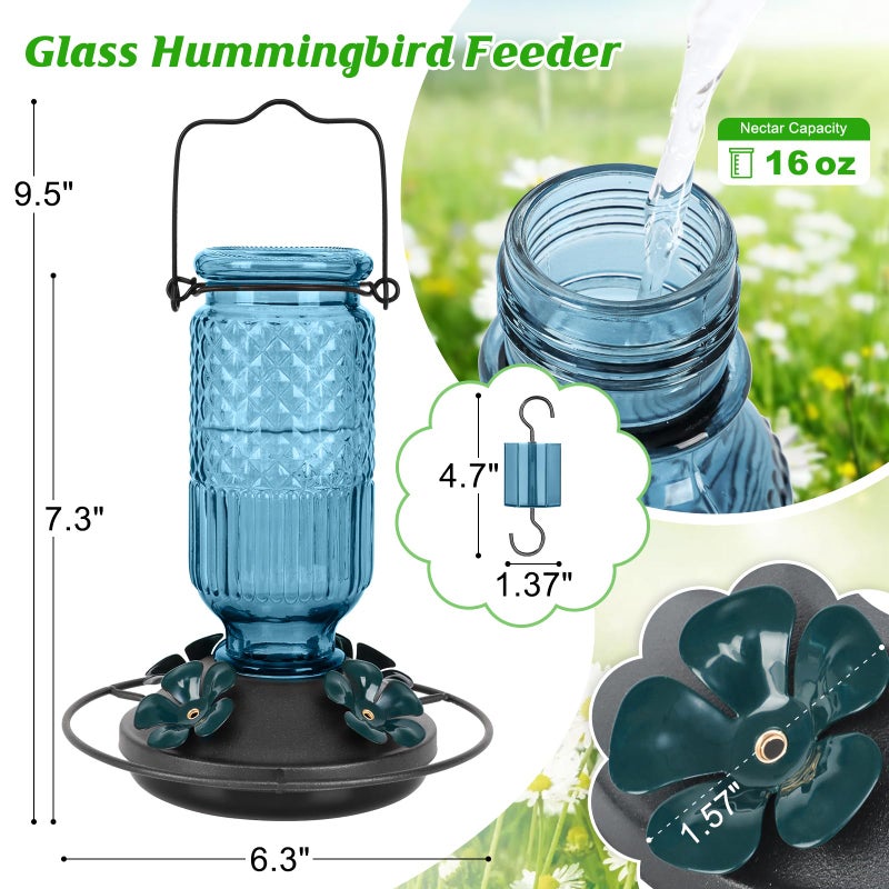 FEED GARDEN Glass Hummingbird Feeder for Outdoors Hanging, 16 OZ Humming Birds Feeders with 4 Bee Guard Feeding Ports & Built-in Ant Moat, Hummingbird Gifts for Mom, Bird Feeder for Outside, Blue - Image 3