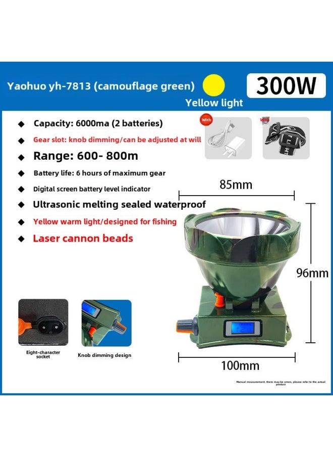 Generic Yao Fire Waterproof Led Headlight Ultrasonic Melting Pressure Strong Light Long Endurance Flashlight Home Emergency Light Factory-Colour:Special Offer Yh-7813 Yellow Light/300w/laser Cannon/fishing Design/knob Dimming/sealed Waterproof  - Image 1