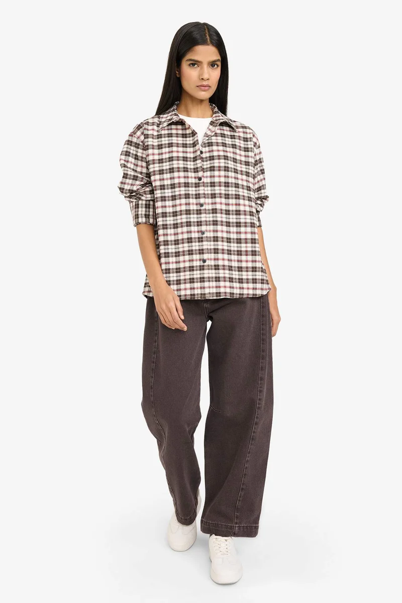 ديفاكتو Oversize Shirt Collar Flanel Plaid Long Sleeve Shirt