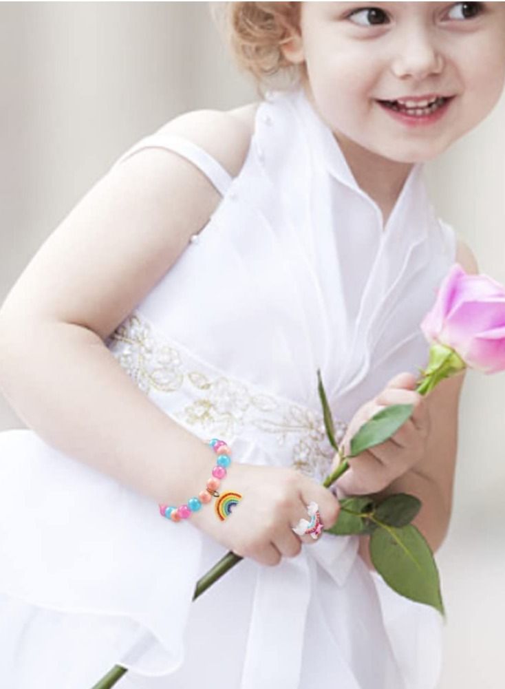 KASTWAVE Unicorn Bracelet Ring Set for Girls 12 Pcs Stocking Fillers Jewelry Shiny Crown Beaded With Colorful Adjustable Rings Toddler Little Girl Play Party Favors - Image 2