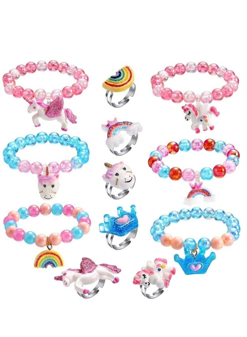 KASTWAVE Unicorn Bracelet Ring Set for Girls 12 Pcs Stocking Fillers Jewelry Shiny Crown Beaded With Colorful Adjustable Rings Toddler Little Girl Play Party Favors - Image 1