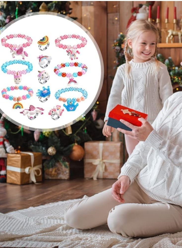 KASTWAVE Unicorn Bracelet Ring Set for Girls 12 Pcs Stocking Fillers Jewelry Shiny Crown Beaded With Colorful Adjustable Rings Toddler Little Girl Play Party Favors - Image 5