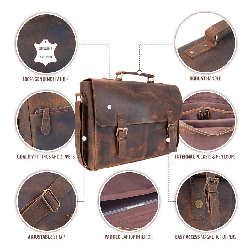 Moonster Moonster Leather Messenger Bag for Men Rustic Messenger Bag for Women – Handmade Full Grain Distressed Buffalo Leather – 16 Inch Laptop Bag with Padded Compartment + Pockets & Adjustable Strap  - Image 2