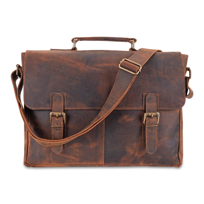 Moonster Moonster Leather Messenger Bag for Men Rustic Messenger Bag for Women – Handmade Full Grain Distressed Buffalo Leather – 16 Inch Laptop Bag with Padded Compartment + Pockets & Adjustable Strap  - Image 1