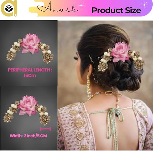 ANVIK Fancy Party Bridal Wedding Fabric/Artificial Flower Bun Juda Hair Gajra for Women Flower Floral Hair Accessories for women Veni for hair (Light Pink) - Image 3
