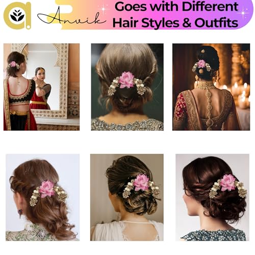 ANVIK Fancy Party Bridal Wedding Fabric/Artificial Flower Bun Juda Hair Gajra for Women Flower Floral Hair Accessories for women Veni for hair (Light Pink) - Image 4