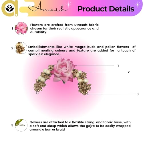 ANVIK Fancy Party Bridal Wedding Fabric/Artificial Flower Bun Juda Hair Gajra for Women Flower Floral Hair Accessories for women Veni for hair (Light Pink) - Image 2