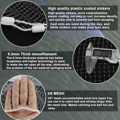 Drasry Saltwater Fishing Cast Net 38 and 14 Mesh with Heavy Duty Gray Sinker American Monofilament Fish Throw Net for Bait Trap 3FT 4FT 5FT 6FT 7FT 8FT 9FT Radius 066 lbft 4FT Radius 120cm - Image 3