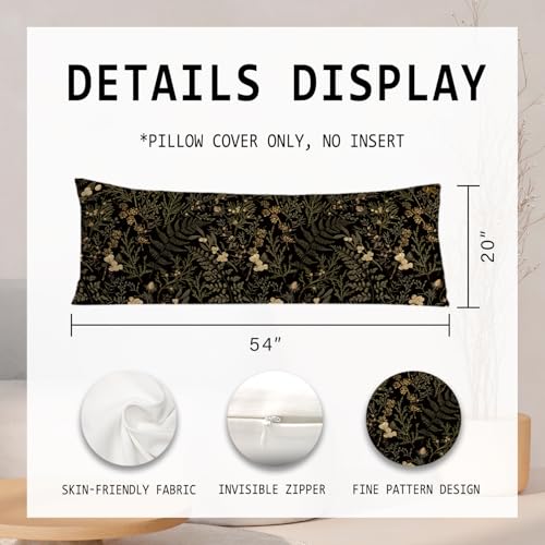 PIUD Moody Floral Botanical 20x54 Body Pillow Cover, Dark Aesthetic Room Decor, Rustic Dark Cottagecore Gold Plants Flower Botanical Decorative Long Body Pillow Cases for Bed Couch - Image 2