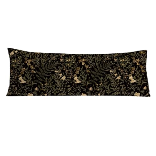 PIUD Moody Floral Botanical 20x54 Body Pillow Cover, Dark Aesthetic Room Decor, Rustic Dark Cottagecore Gold Plants Flower Botanical Decorative Long Body Pillow Cases for Bed Couch - Image 1