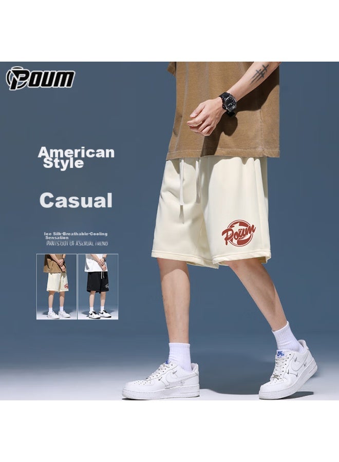 Poum American-style Casual Ice Silk Shorts For Men, Summer Loose-fitting Sports Trendy Outdoor Wear, Knee-length Shorts, Tq04, Apricot Color, 3XL - Image 1