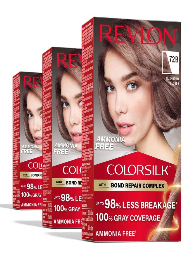 Revlon ColorSilk with Bond Repair Complex, Blonde Permanent Hair Color, 100% Gray Coverage, Ammonia Free Hair Dye, Vegan Keratin, 72B Mushroom Blonde (Pack of 3) - Image 1