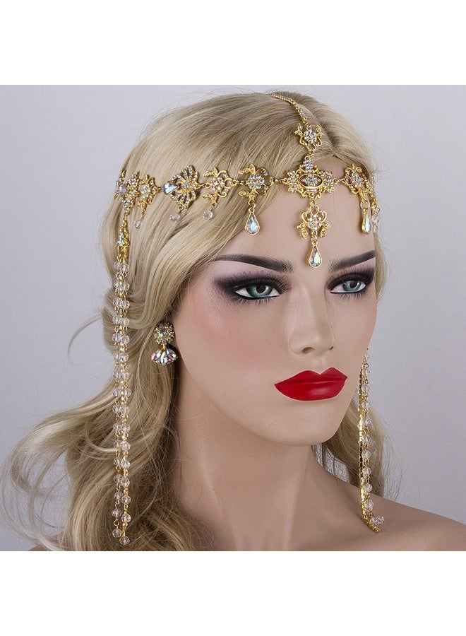 CROWN GUIDE مجموعة مجوهرات من الكريستال لعصابة رأس العروس والأقراط، غطاء رأس الزفاف للنساء، تاج أحجار الراين، إكسسوارات الشعر باللون الذهبي - Image 2