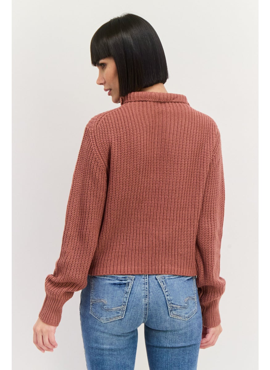 Black Tape - Women High Neck Knitted Sweater, Rust Pink - Image 1