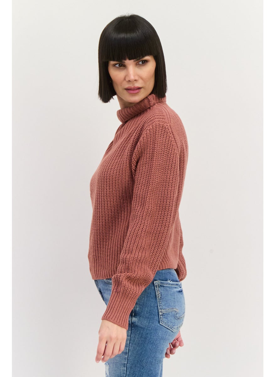 Black Tape - Women High Neck Knitted Sweater, Rust Pink - Image 1